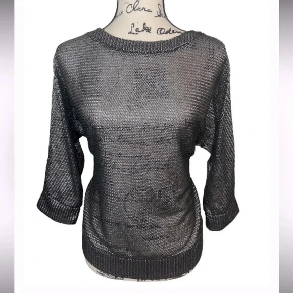 RUBY RD. TOP METALLIC BLACK AND SILVER MESH CREW NECK 3/4 SLEEVE SIZE SMALL - Picture 1 of 9